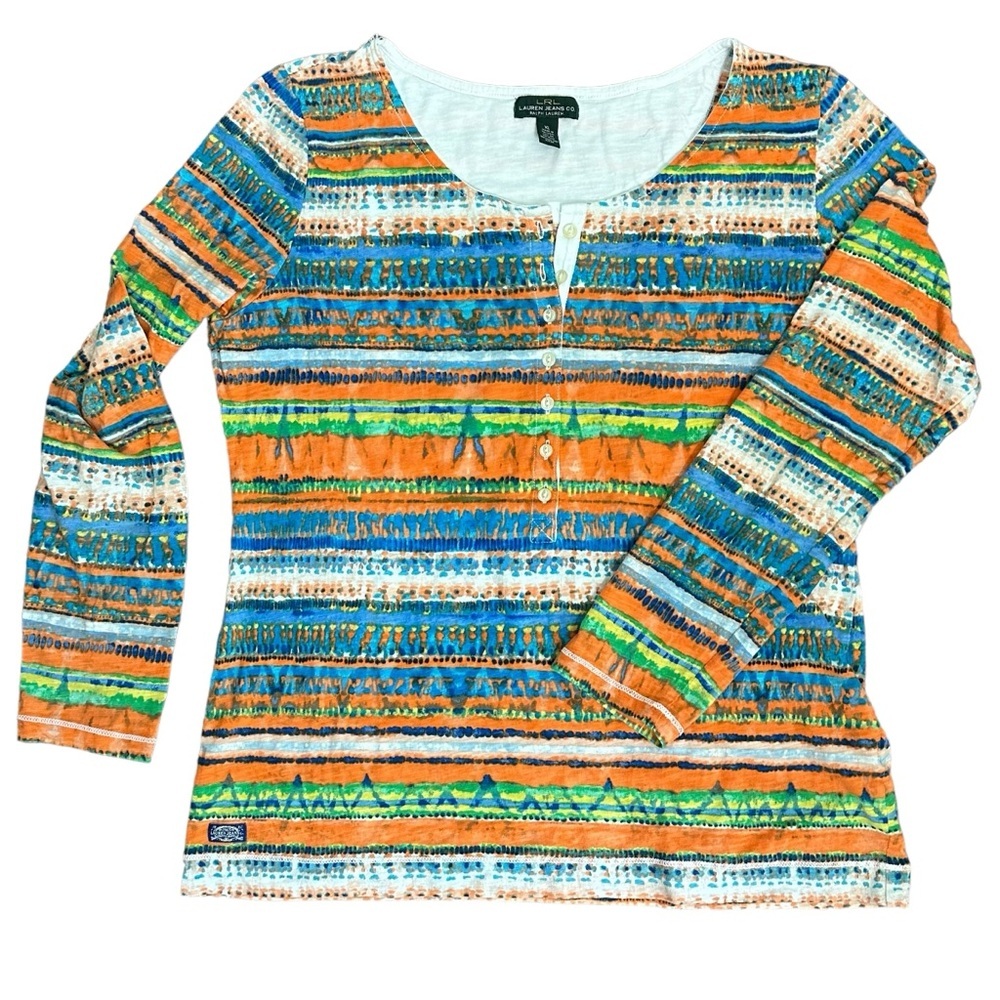 LRL Denim Henley Top Southwest Watercolor Stripe Cotton Size XL